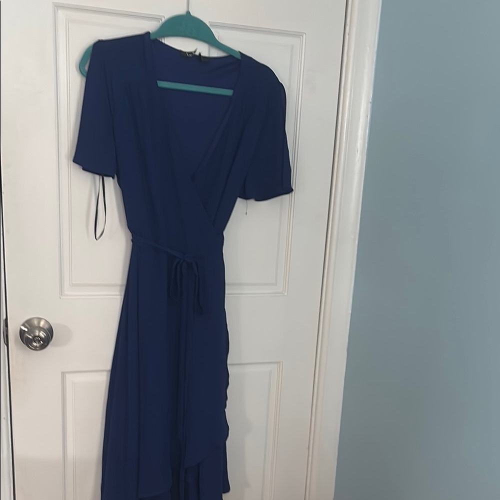 Blue Flutter Sleeve Midi Dress for Wedding Guest